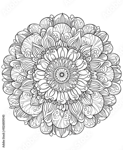 Intricate Black and White Mandala with Marigold Patterns