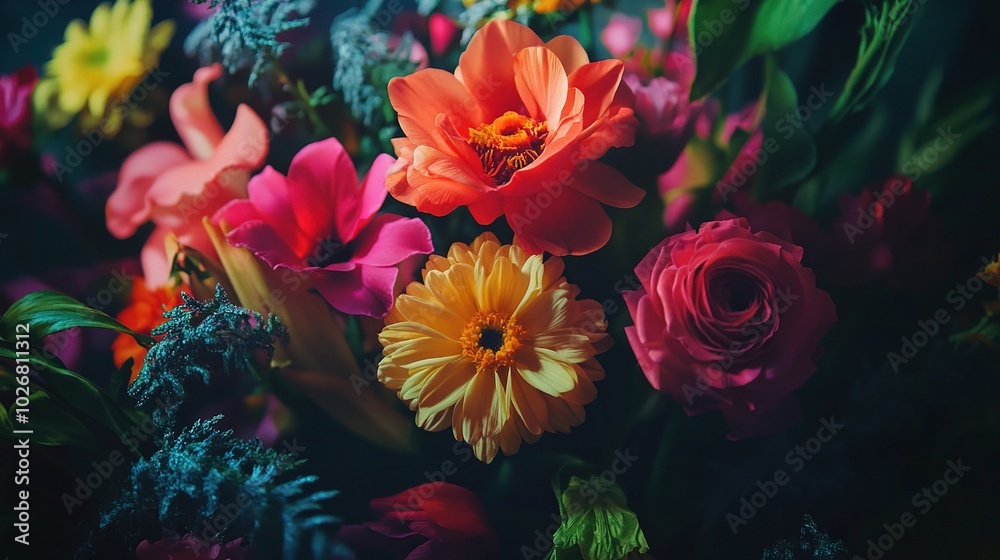 Vibrant Floral Arrangement in Soft Lighting Vibrant Floral Arrangement in Soft Lighting