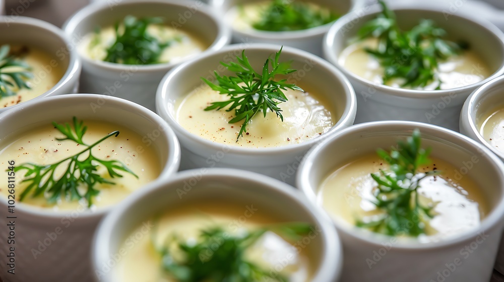 Several cups of frothy custard with greenery on top Several cups of frothy custard with greenery on top