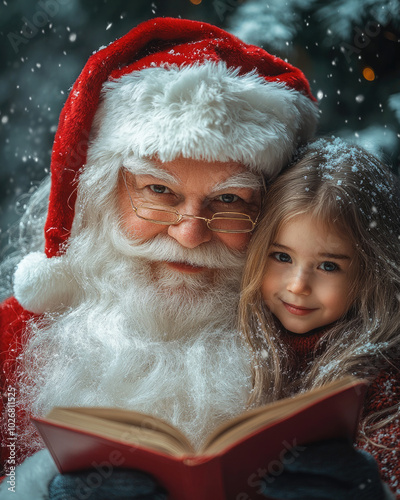 Primer plano de Santa Claus o papá Noel, con una niña en brazos, sonrisa inteligente, concepto de Navidad y de celebración en familia.