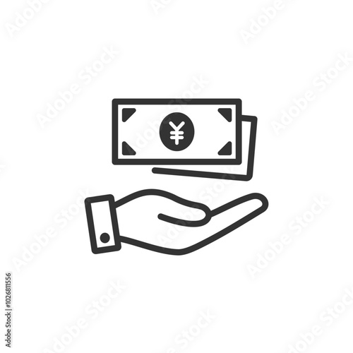お金と手のひらのハンドアイコン(白黒・紙幣)