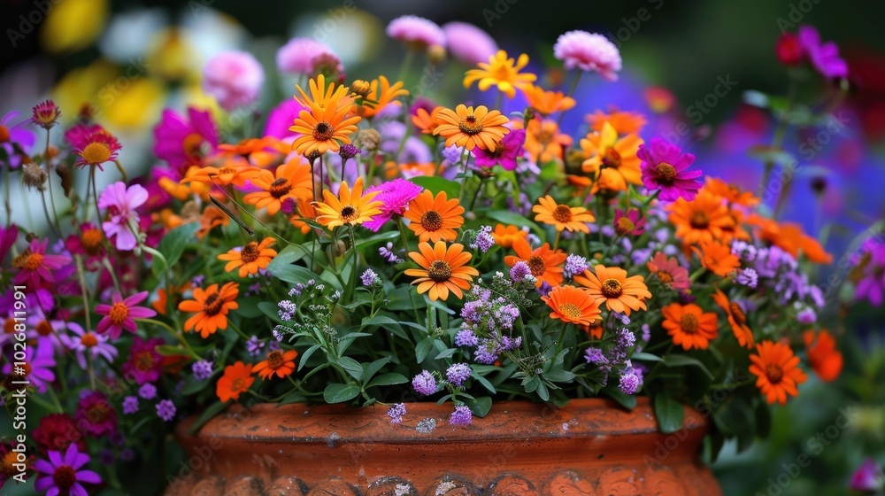 Vibrant Flower Pot with Colorful Blossoms Vibrant Flower Pot with Colorful Blossoms