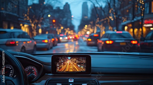 car camera setup capturing traffic scene with a dash cam mounted on the windshield