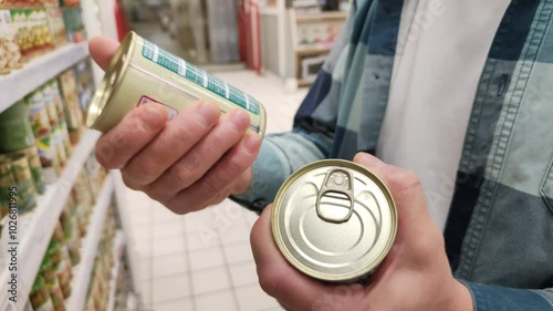 Man hold canned food in his hands and study expiration date and composition in store. Canned olives or vegetable with meat. Consumer read information considers makes choices in supermarket