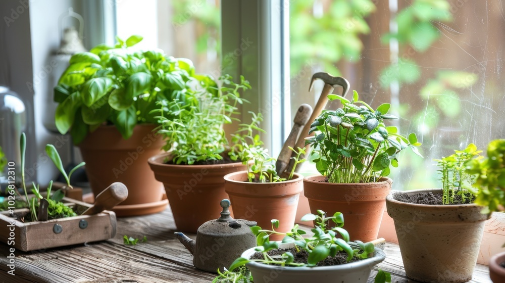 Fresh Herbs and Plants on a Bright Windowsill Fresh Herbs and Plants on a Bright Windowsill