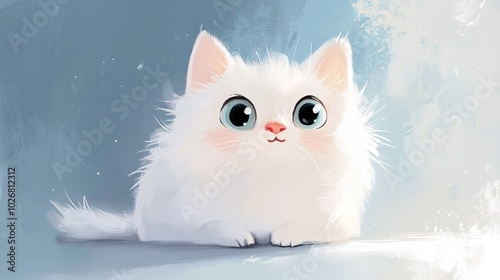 A cute cartoon-style cat illustration set against a simplistic white backdrop, where the cat is the focal point of the design. The character features soft, playful details, with minimalistic features,