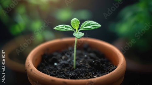 Fresh Seedling Growing in a Pot with Rich Soil