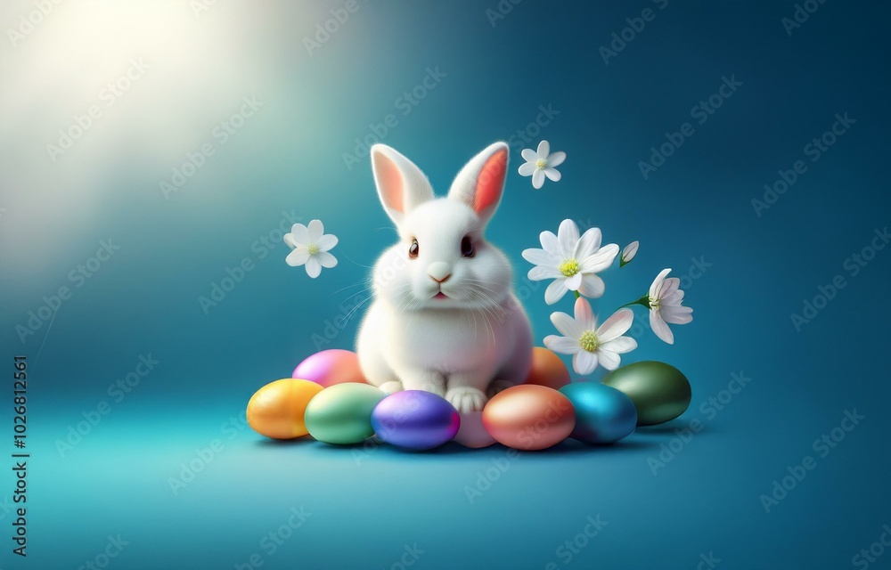 Fototapeta premium A white bunny sits on a bed of brightly colored Easter eggs surrounded by white flowers against a blue background.