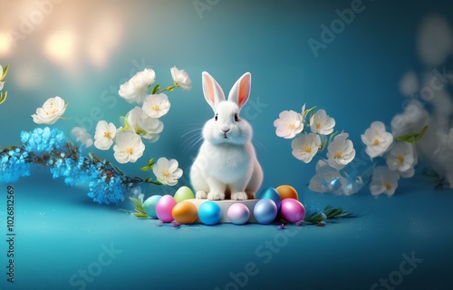 A white bunny sits on a platform surrounded by colorful Easter eggs and white blossoms against a blue background.