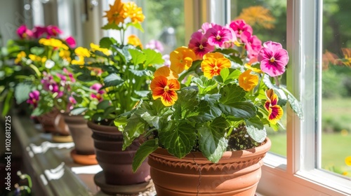 Wallpaper Mural Bright Pansy Flowers in Colorful Pots by a Window Torontodigital.ca