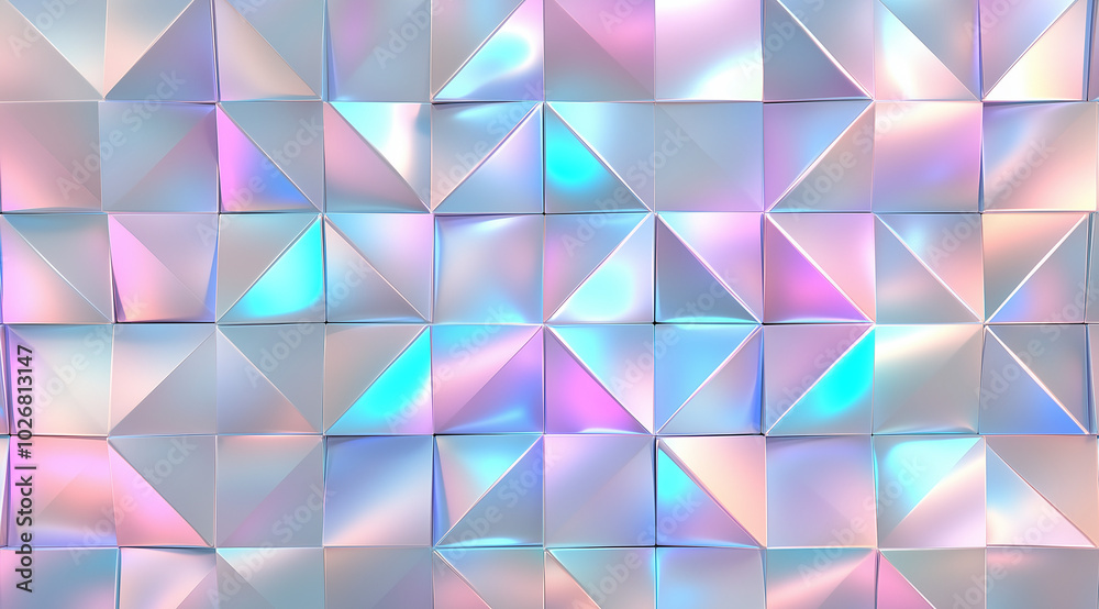 A vibrant array of triangular and square geometric shapes reflects light in soft pastels, creating a visually captivating textured wall decoration A vibrant array of triangular and square geometric shapes reflects light in soft pastels, creating a visually captivating textured wall decoration