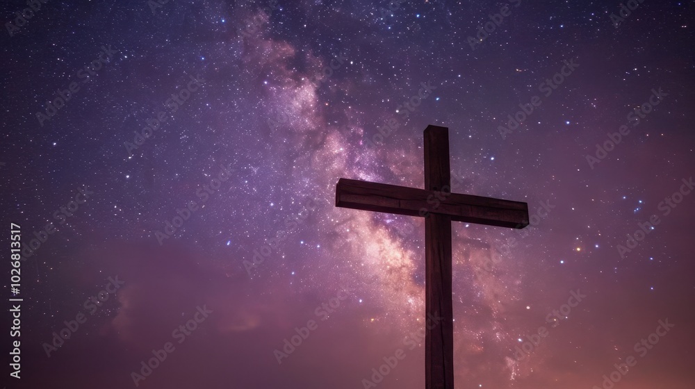 Cross Silhouetted Against Starry Night Sky Cross Silhouetted Against Starry Night Sky