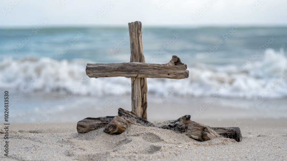 Wooden Cross on Sandy Beach with Ocean Background Wooden Cross on Sandy Beach with Ocean Background