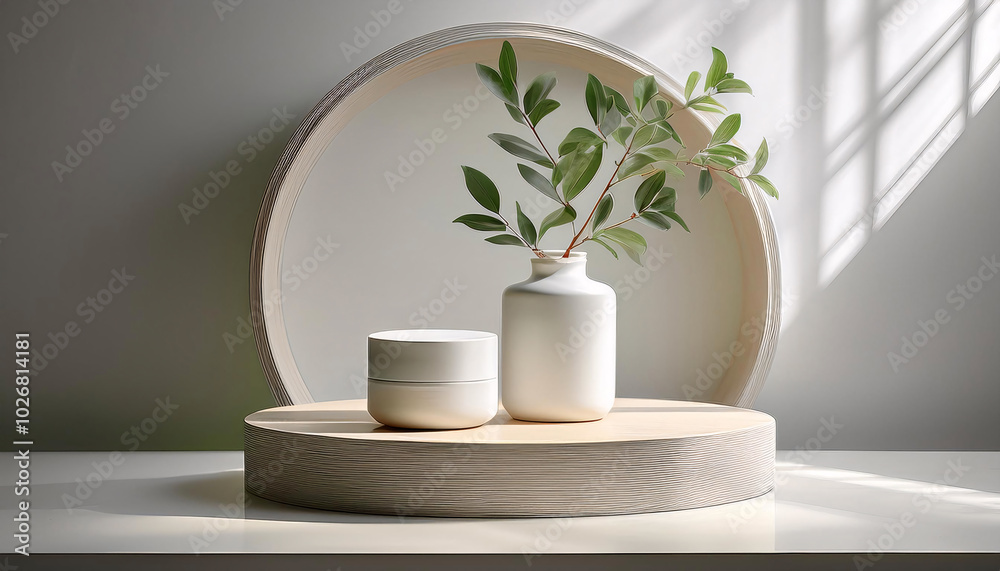 A serene still life setup with plants and elegant jars in soft lighting. Generative AI A serene still life setup with plants and elegant jars in soft lighting. Generative AI