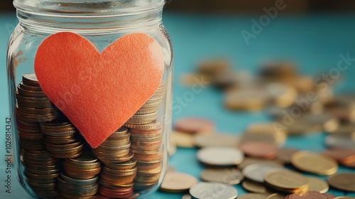 hands holding a jar filled with coins and a heart symbolizing charity and donations