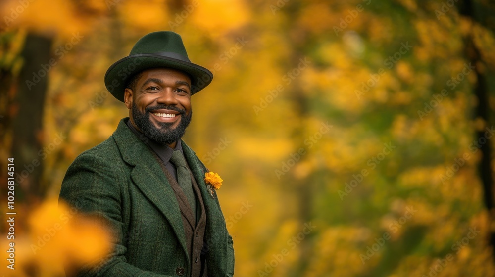 Stylish man in autumn forest wearing green suit and hat with yellow flower accessory Stylish man in autumn forest wearing green suit and hat with yellow flower accessory