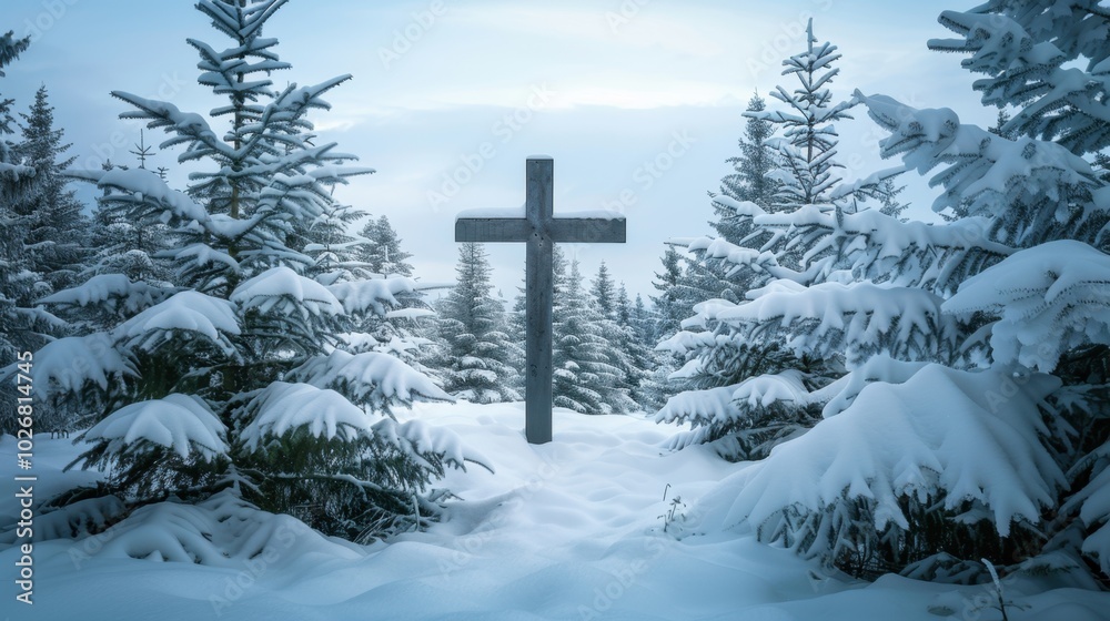 Serene Winter Landscape with Cross in Snow Serene Winter Landscape with Cross in Snow