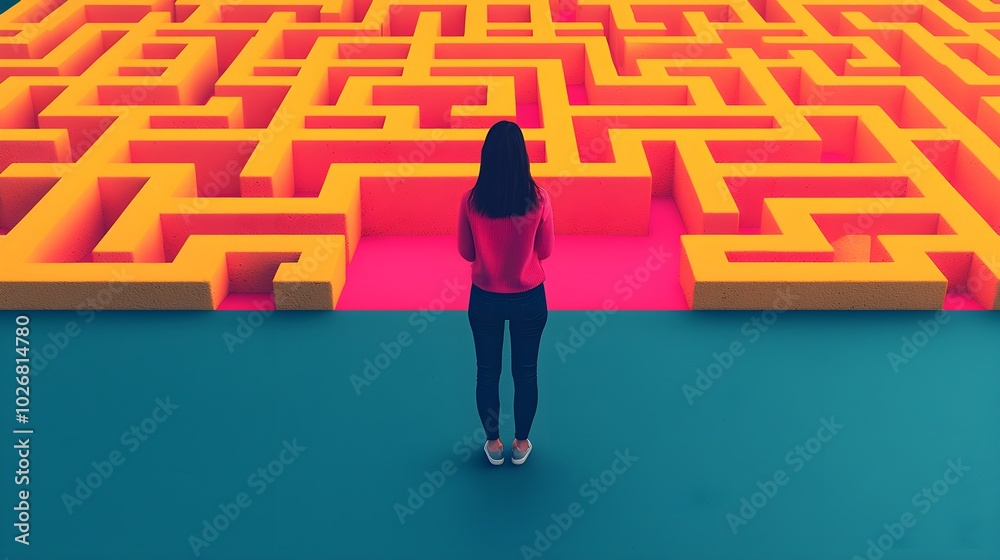 Woman contemplating a vibrant maze of challenges Woman contemplating a vibrant maze of challenges