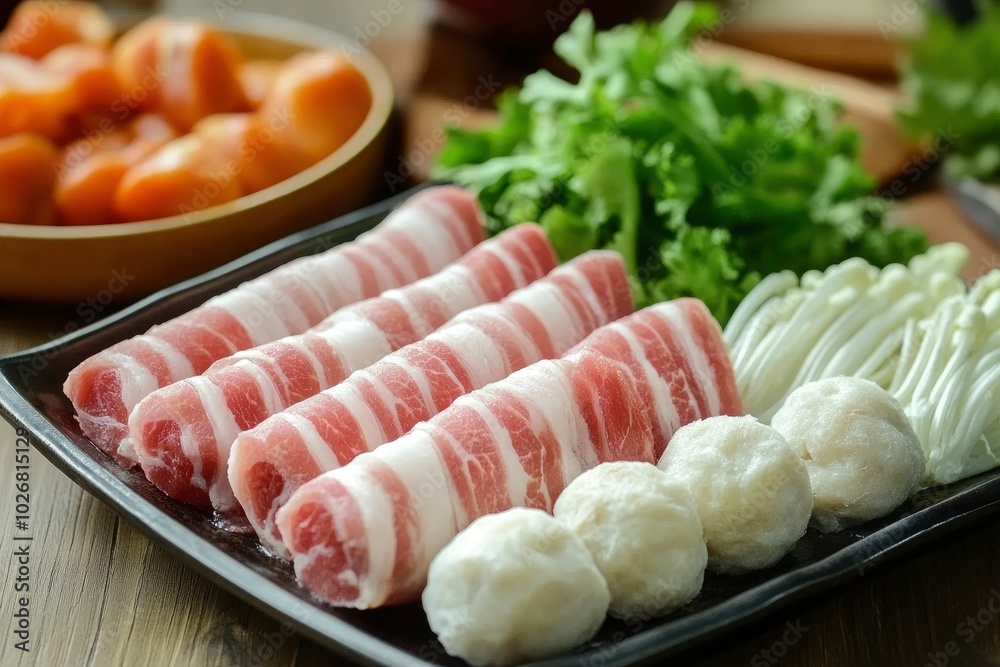 fresh shabu meal with pork bacon and cheese ball - generative ai fresh shabu meal with pork bacon and cheese ball - generative ai