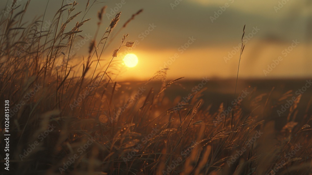 Obraz premium Serene Sunset Over Golden Grassland Landscape