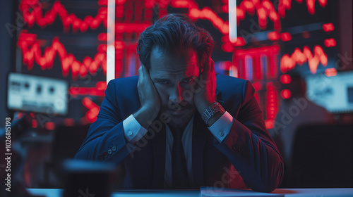 Anxious businessman holding his head in front of screens displaying declining stock charts, showing stress from market downturns and economic crises.