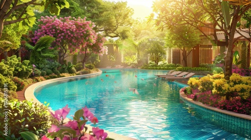 Tranquil Oasis with Lush Greenery and Clear Water