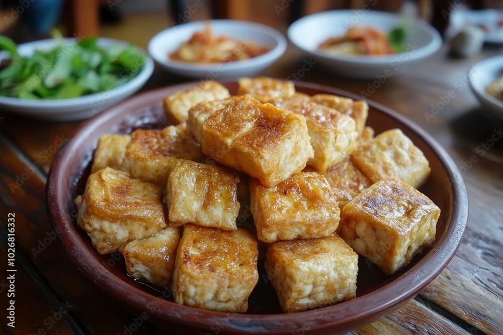 fried tofu dish on the table background - generative ai fried tofu dish on the table background - generative ai