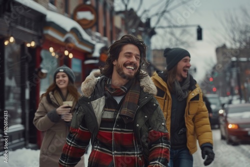 Group of friends having fun on a snowy street in the city.