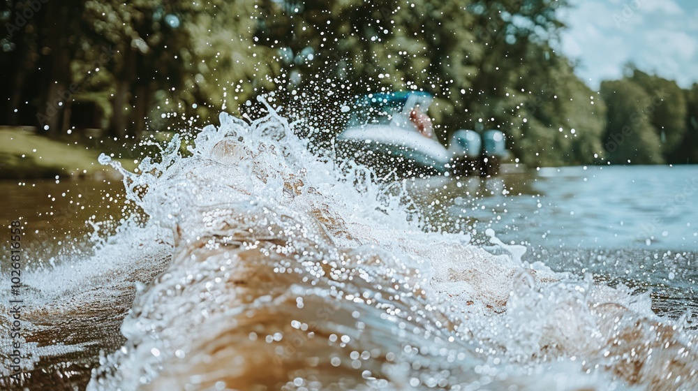 Close-up of Water Splashing and Bubbling with a Blurred Boat in the Background