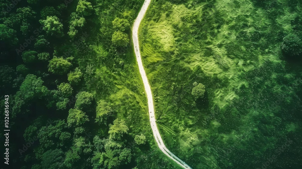 Serene Aerial View of Curved Path Through Green Landscape Serene Aerial View of Curved Path Through Green Landscape