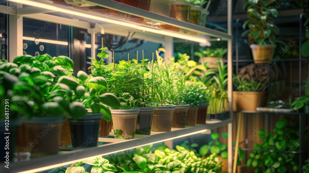 Lush Indoor Garden with Shelves of Fresh Herbs Lush Indoor Garden with Shelves of Fresh Herbs