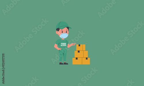 Food delivery worker wearing a mask, pointing at boxes.