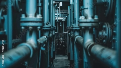 A View Through Pipes and Machinery in a Factory