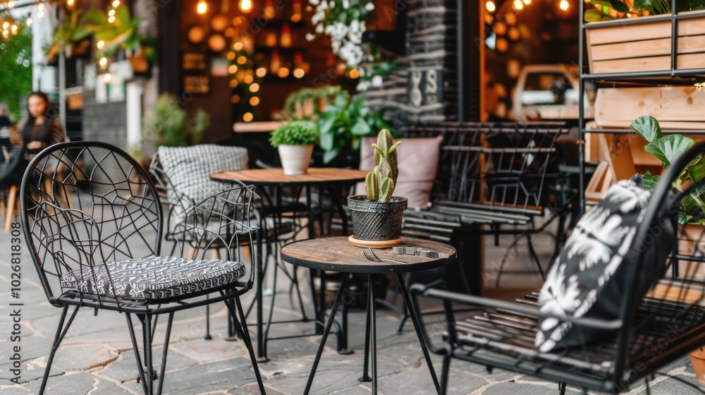 Outdoor Cafe Seating with Black Metal Chairs and Wooden Tables Outdoor Cafe Seating with Black Metal Chairs and Wooden Tables