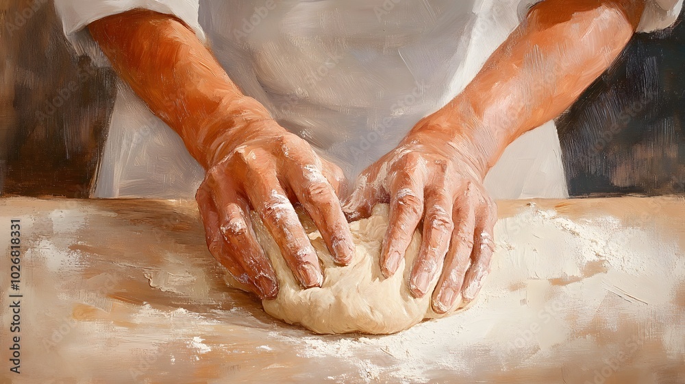 Hands Kneading Dough on a Floured Surface