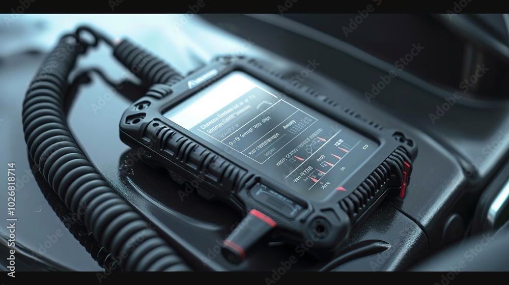 Close-up of a handheld OBD-II diagnostic scanner for cars, featuring a compact rectangular design with a digital display showing vehicle diagnostic information. Close-up of a handheld OBD-II diagnostic scanner for cars, featuring a compact rectangular design with a digital display showing vehicle diagnostic information.