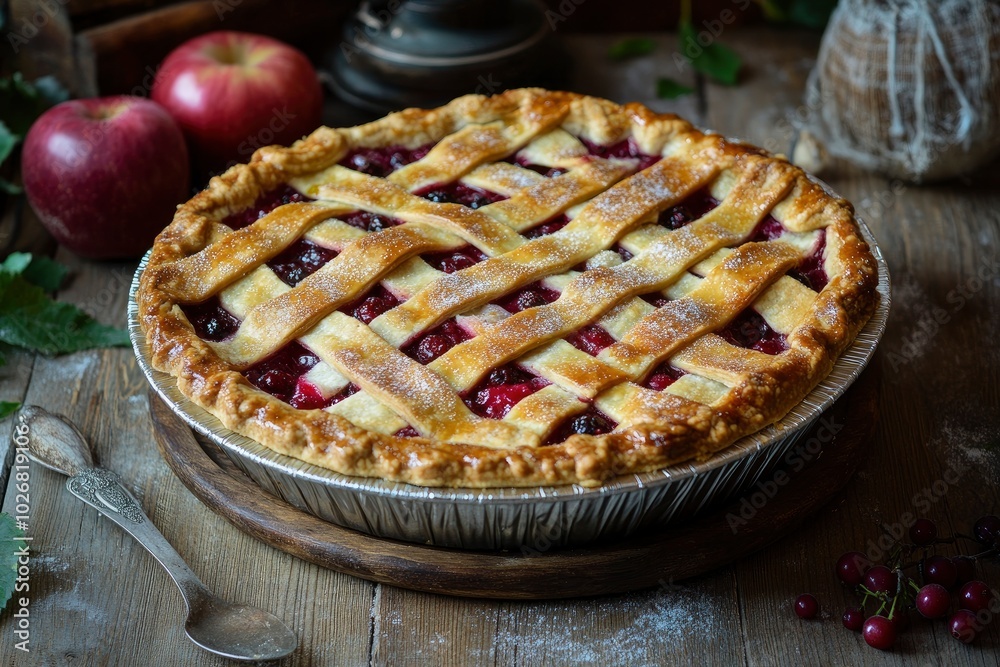 lingonberry-apple pie on the table, rustic style - generative ai lingonberry-apple pie on the table, rustic style - generative ai