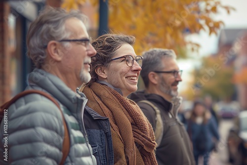 Mature couple walking on the street in autumn. They are smiling.