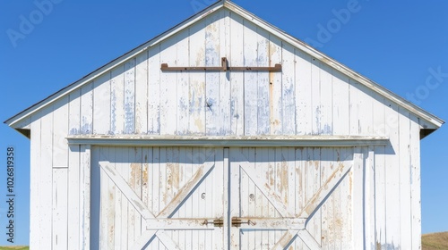 Weathered White Barn with Double Wooden Doors photo