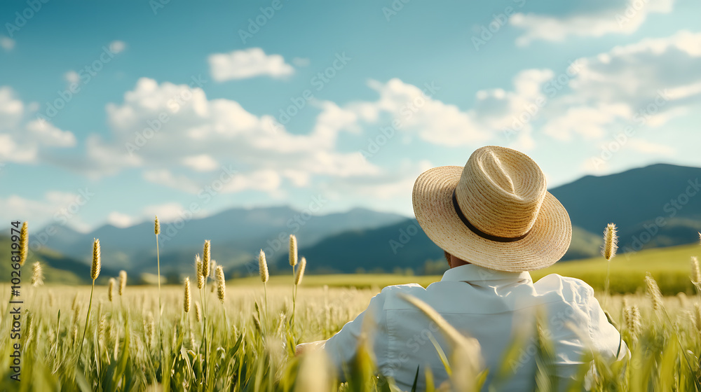 Fototapeta premium abstract concept of relaxation, man sitting on paddy field during vacation