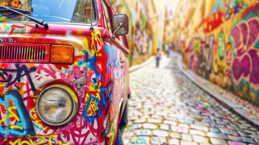 Fototapeta premium A Graffiti-Covered Van Parked in a Narrow Cobblestone Street