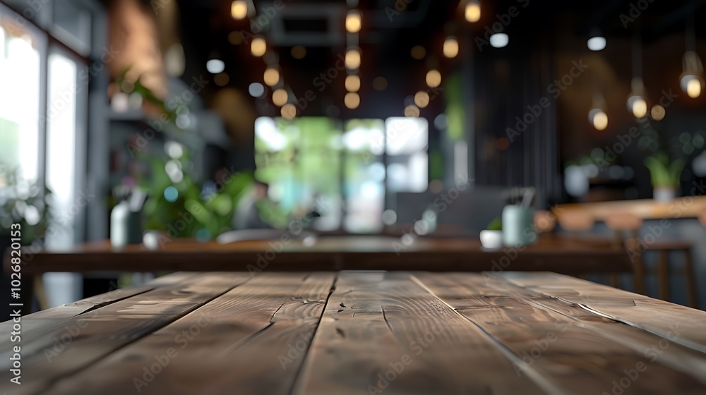 The restaurants interior is fuzzy and defocused with an empty wooden table space platform The restaurants interior is fuzzy and defocused with an empty wooden table space platform
