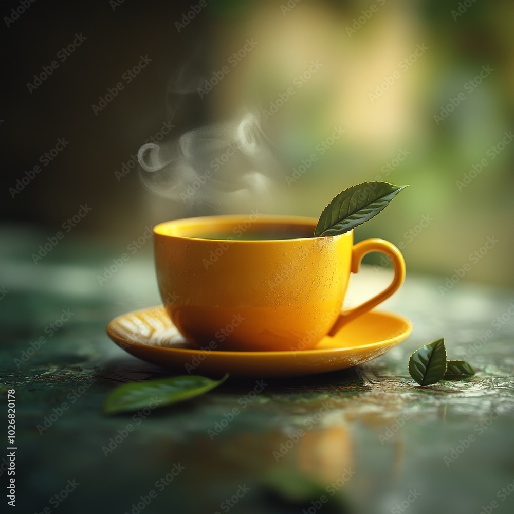 A vibrant yellow cup of green tea with leaves, steam rising, creating a tranquil atmosphere. A vibrant yellow cup of green tea with leaves, steam rising, creating a tranquil atmosphere.