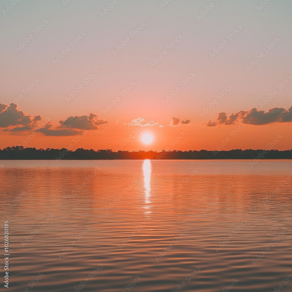 Fototapeta premium A serene sunset over the calm waters, reflecting warm hues of orange and pink, creating a tranquil atmosphere.