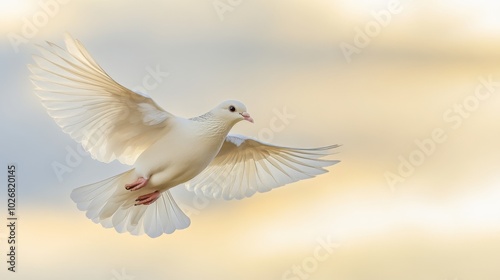 a peaceful dove soaring above the clouds, freedom concept