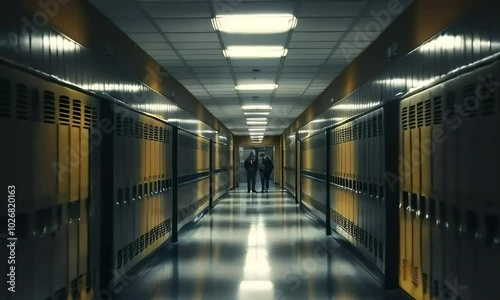 Empty school hallway with rows of lockers