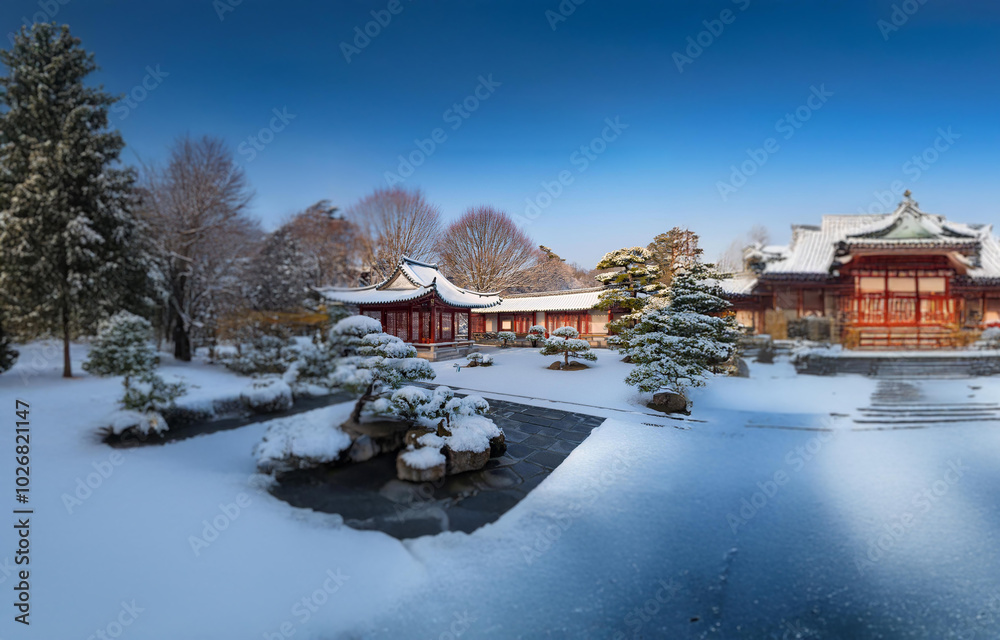 Fototapeta premium A traditional Japanese-style building complex with a red roof sits amidst a snowy, serene landscape with trees and a frozen pond.