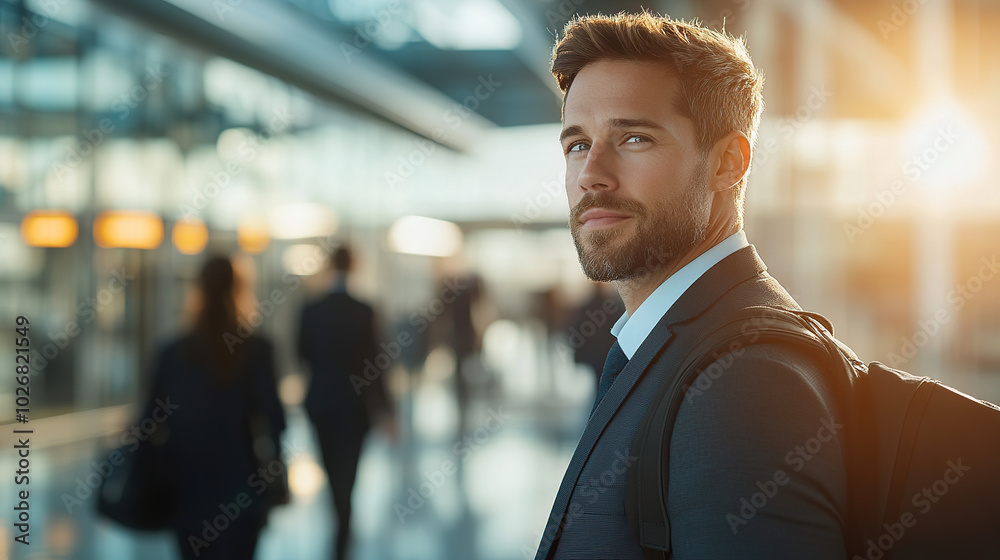 A well-dressed businessman with a beard is standing at the airport, holding his bag and looking out the window at the blurred people walking by A well-dressed businessman with a beard is standing at the airport, holding his bag and looking out the window at the blurred people walking by
