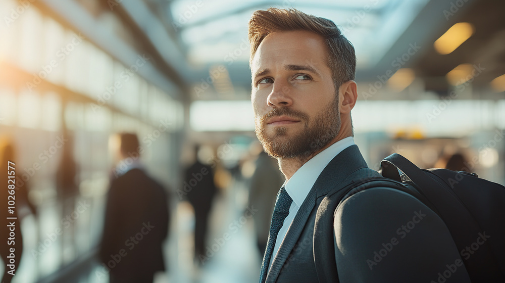 A well-dressed businessman with a beard is standing at the airport, holding his bag and looking out the window at the blurred people walking by A well-dressed businessman with a beard is standing at the airport, holding his bag and looking out the window at the blurred people walking by