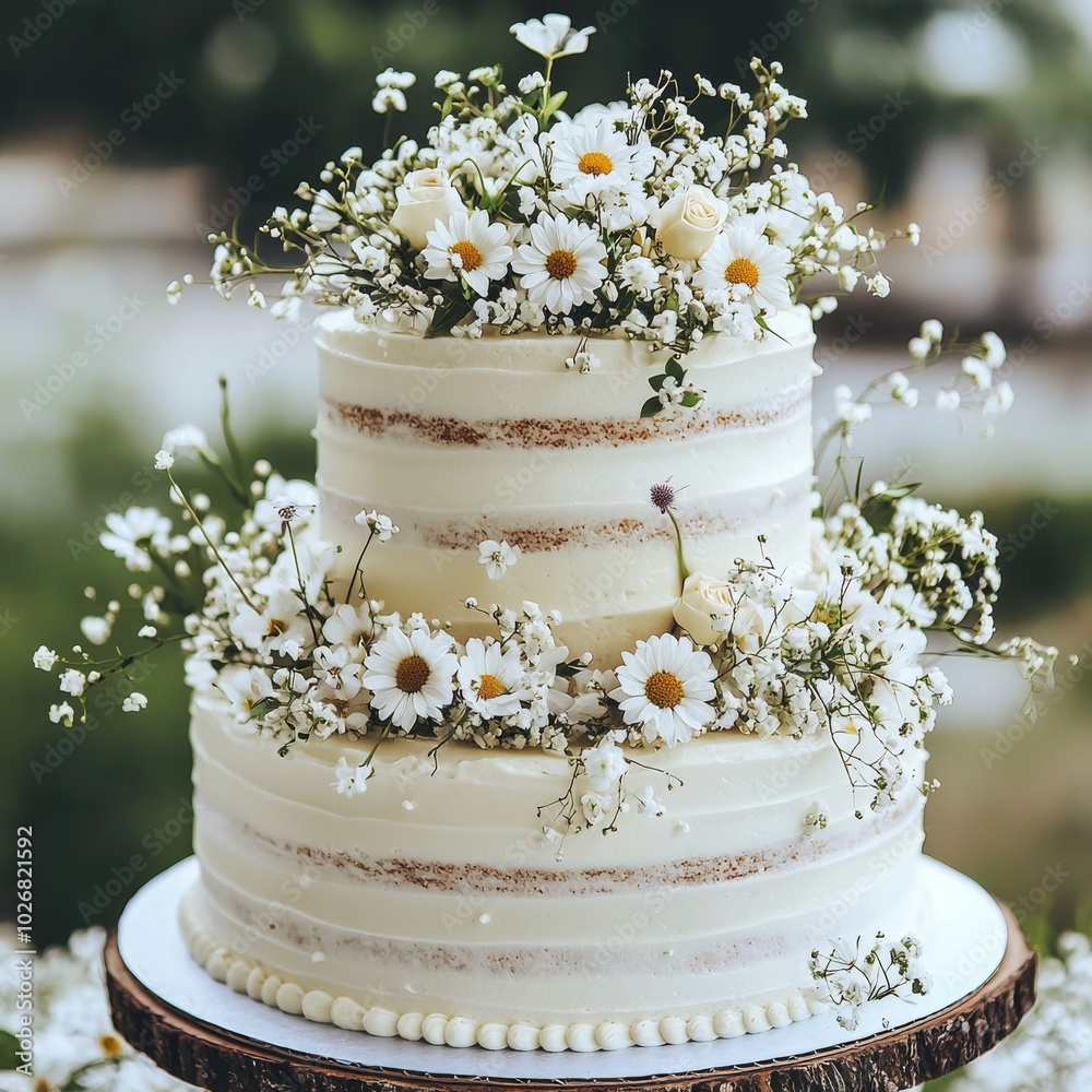 Fototapeta premium Elegant two-tiered wedding cake adorned with fresh flowers, featuring delicate white daisies and baby�s breath.